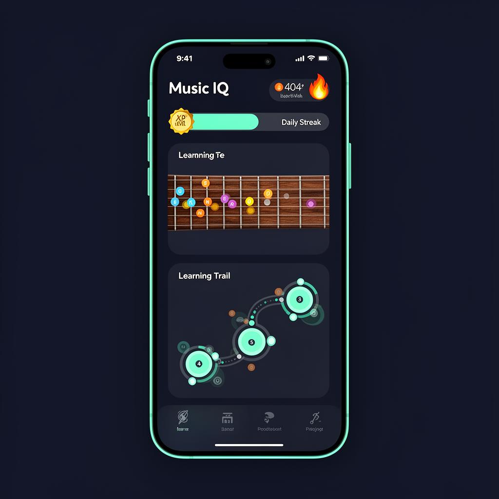 Aplicativo Music IQ mostrando o braço do violão com notas coloridas, barra de XP e trilha de aprendizado
